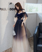 Blue Sweetheart Tulle Off Shoulder Long Prom Dress, Blue Prom Dresses