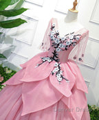 Pink V Neck Tulle Lace Applique Long Prom Dress, Pink Prom Dresses, 1
