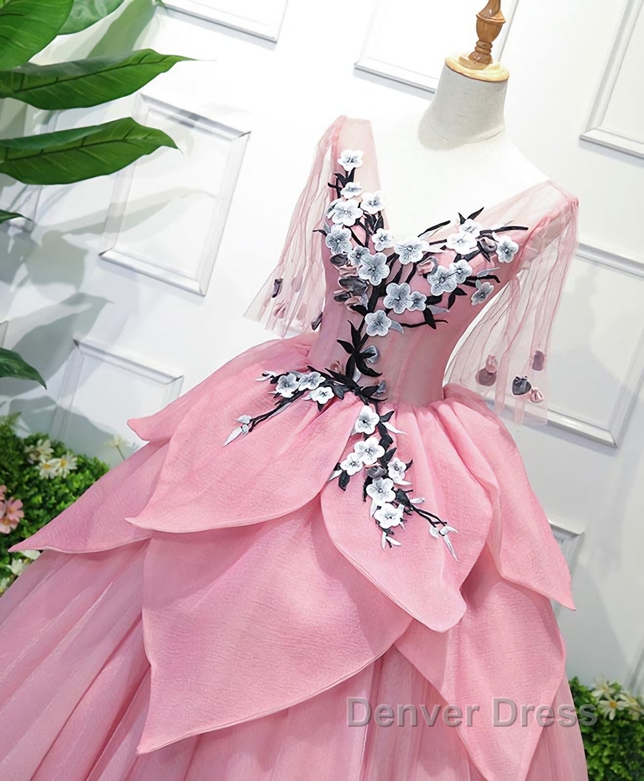 Pink V Neck Tulle Lace Applique Long Prom Dress, Pink Prom Dresses, 1