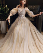 Champagne V Neck Tulle Lace Long Prom Dress Champagne Prom Dresses