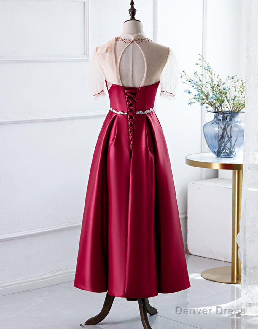 Red A Line Round Neck Prom Dresses with Beading