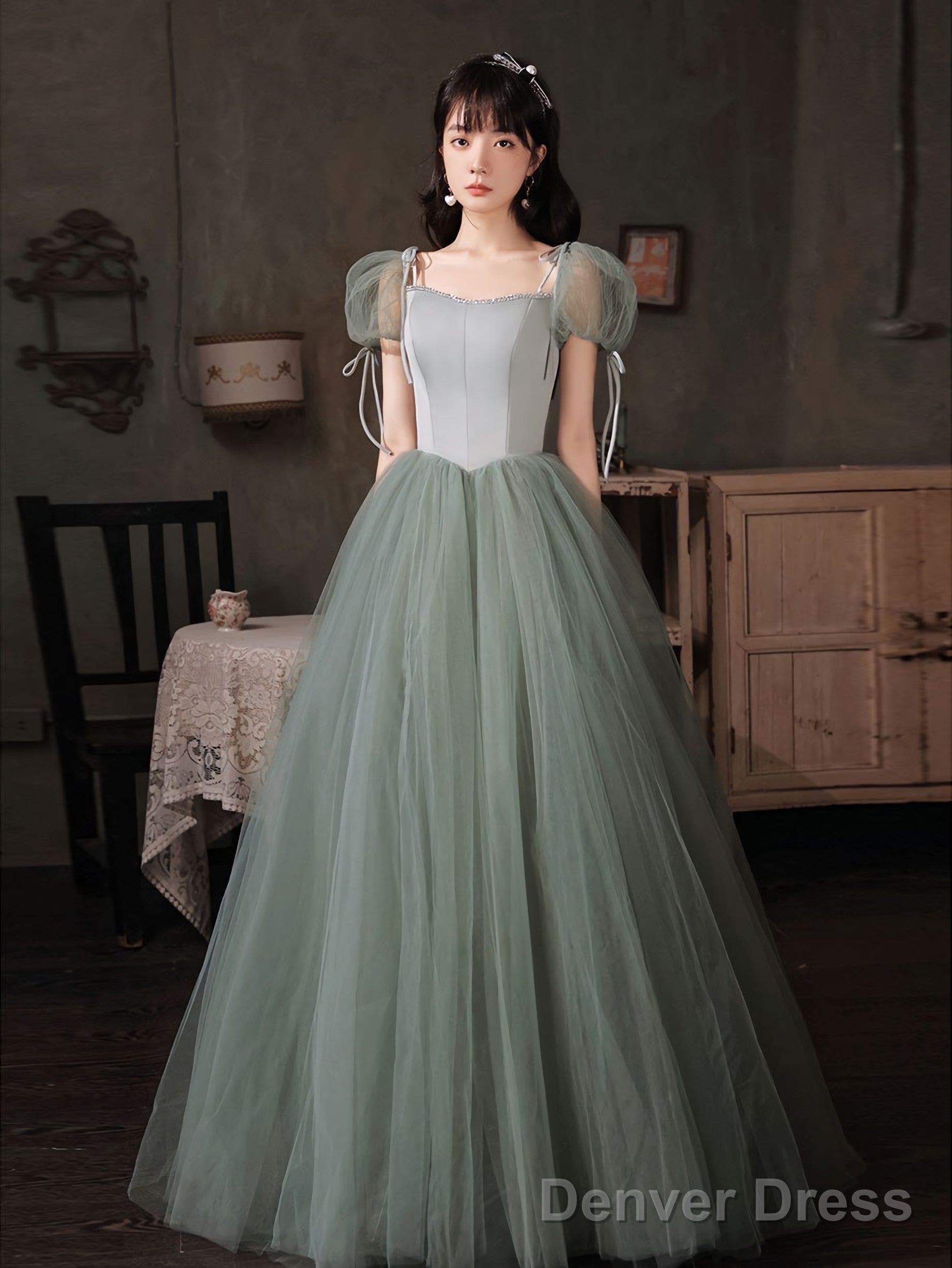 Gray Green Tulle Long Prom Dress Green Tulle Formal Dress Main image
