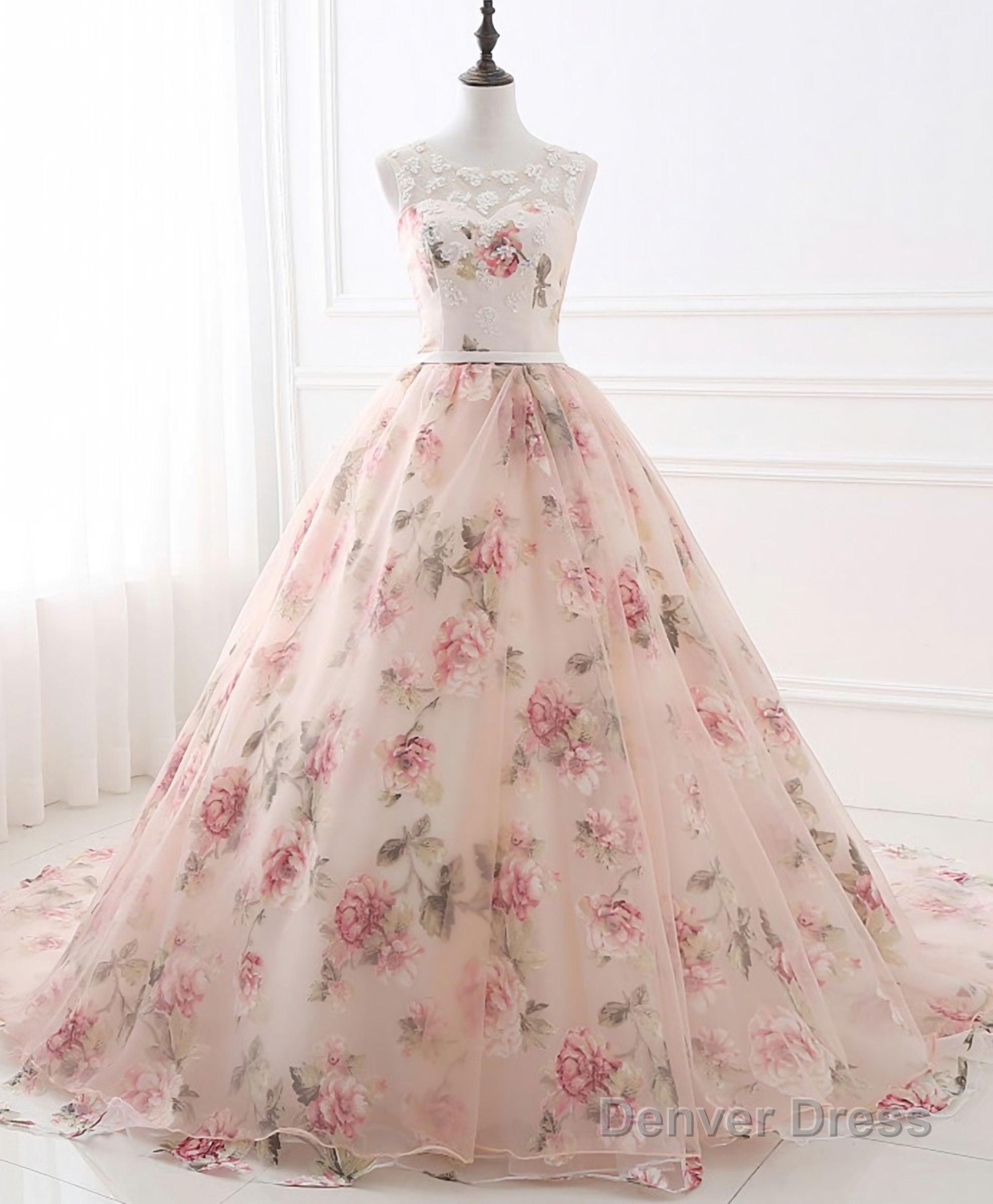 Pink Round Neck Tulle Lace Long Prom Dresses, Pink Long Prom Gowns Main image