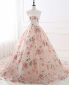 Pink Round Neck Tulle Lace Long Prom Dresses, Pink Long Prom Gowns
