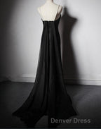 Black Soft Satin A Line Floor Length Prom Dress, Black Straps Long Prom Dresses