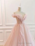 Pink Tulle Off The Shoulder A-Line Tulle Ruffles Floor-Length Prom Dresses, Pink Long Party Dresses