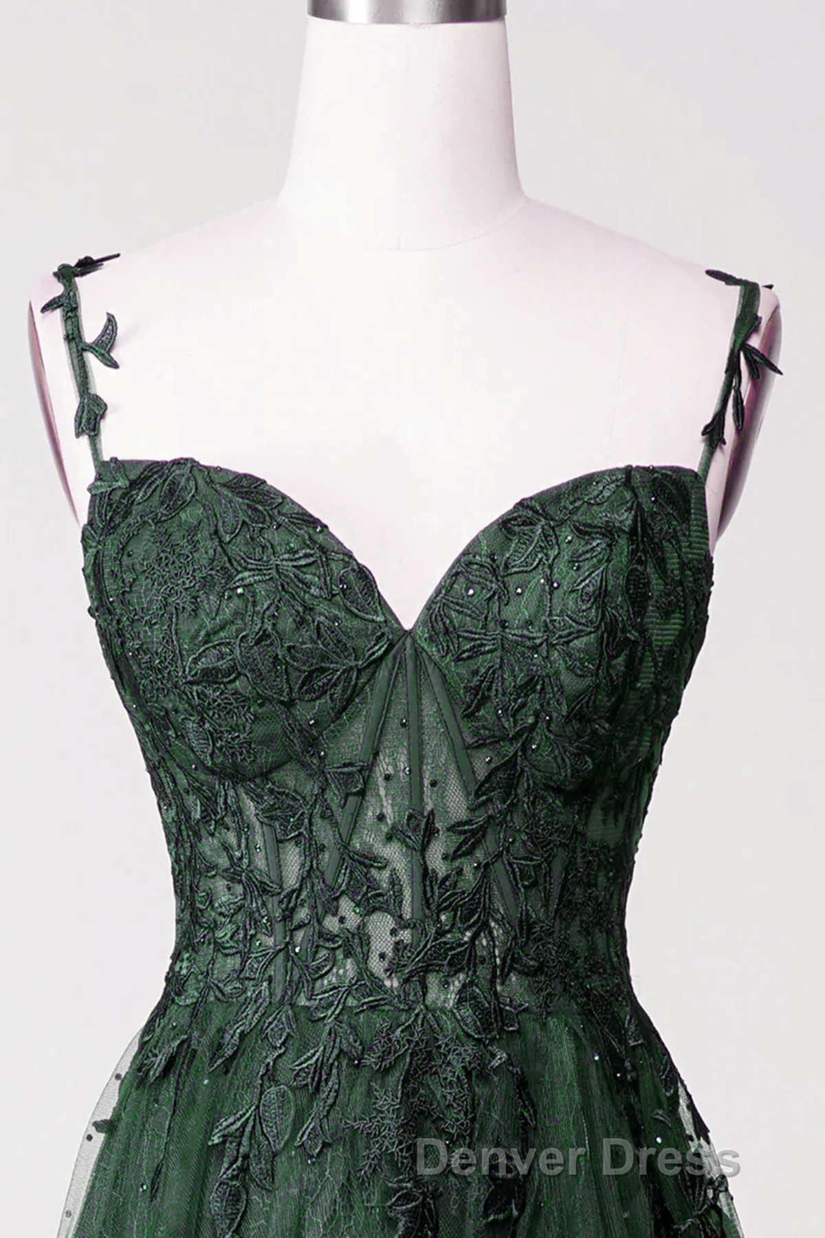 Dark Green Tulle With Lace Beaded Straps Prom Dresses, Green Long Formal Dresses Party Dresses Secondary image