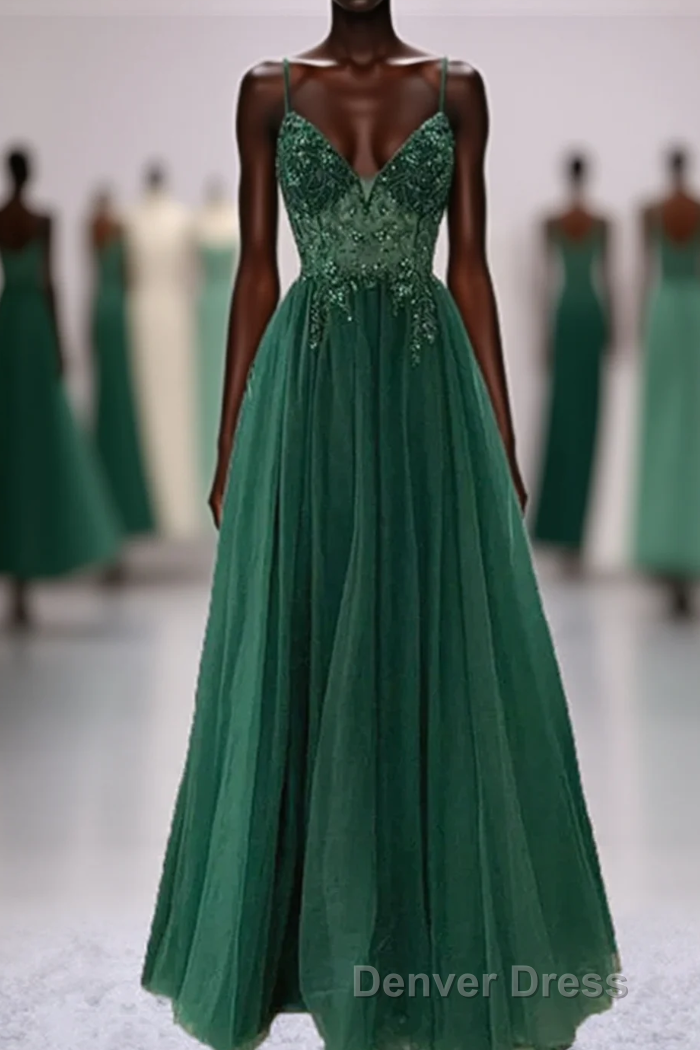 Green V-Neckline Beaded Tulle Floor Length Party Dresses, A-Line Green Prom Dresses Main image
