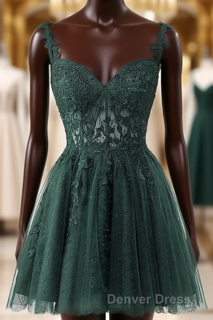 V-Neckline Dark Green Tulle With Lace Short Homecoming Dresses, Green Short Prom Dresses