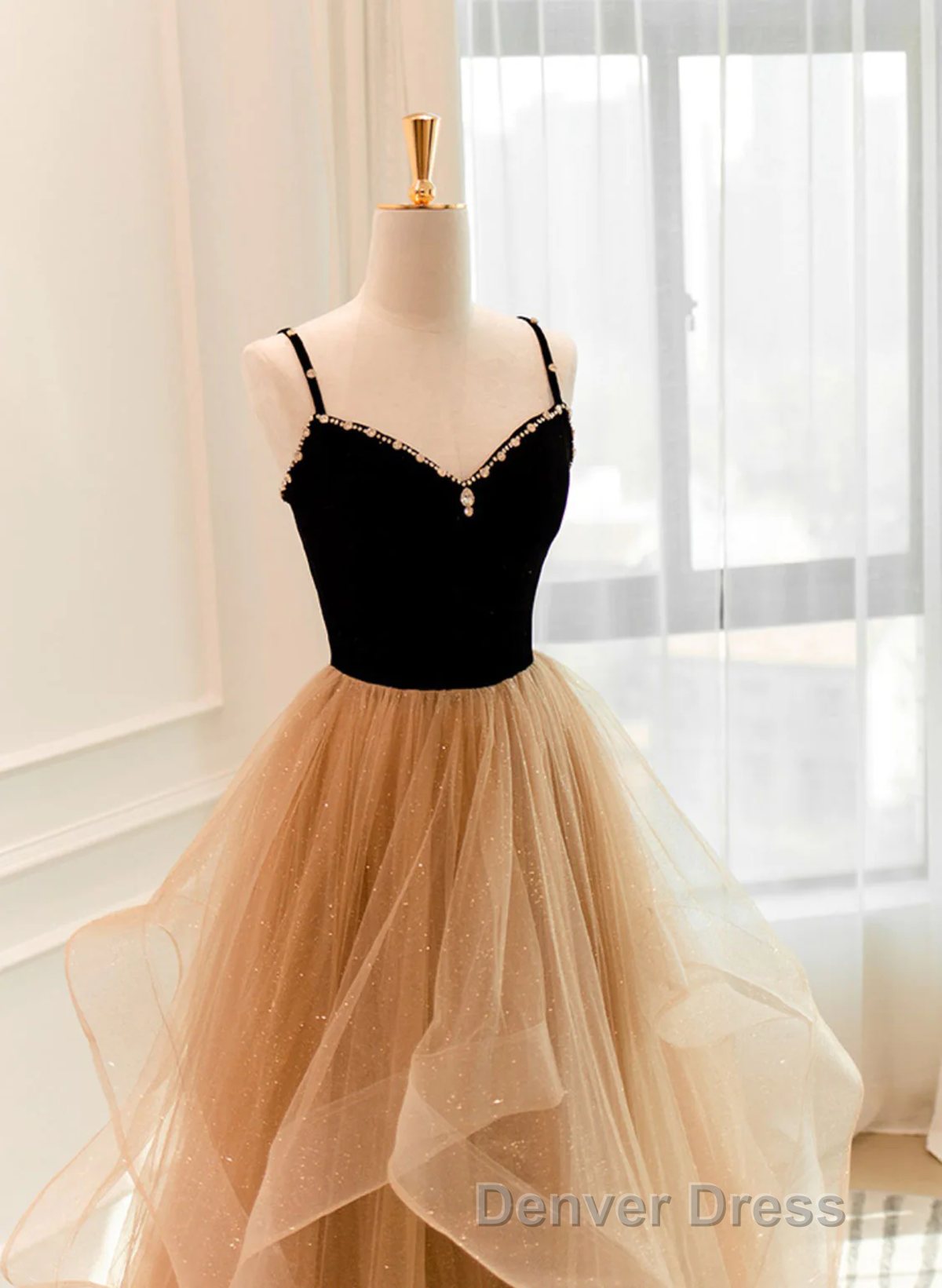 A-Line Champagne Tulle Sweetheart Beaded Long Prom Dresses, Tulle Layers Party Dresses