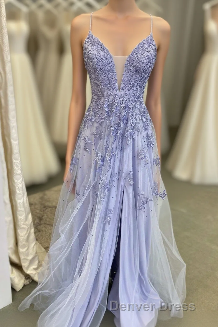 Lavender Tulle V-Neckline Long Party Dresses, Lavender Straps Prom Dresses Formal Dresses Main image