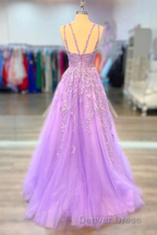 A Line Tulle Princess Light Purple Prom Dress With Appliques, Tulle Straps Prom Dresses