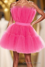 Hot Pink A Line Short Tulle Prom Dresses