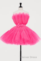 Hot Pink A Line Short Tulle Prom Dresses