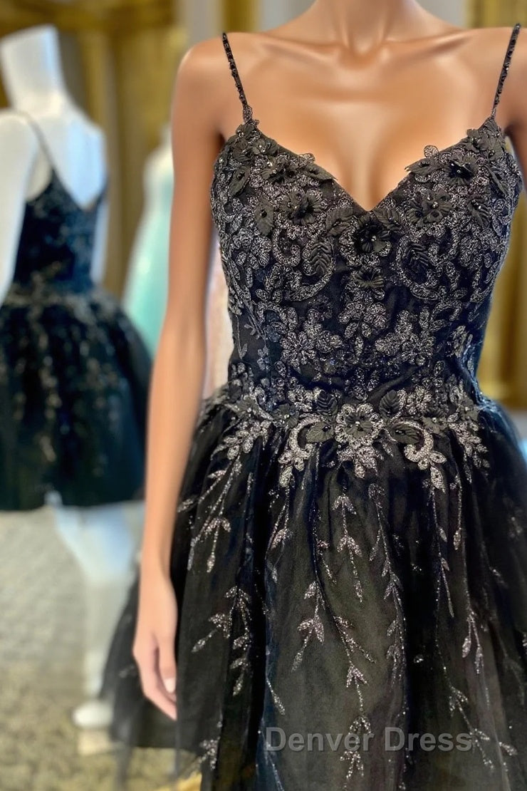 Black A Line Spaghetti Straps Appliques Short Homecoming Dresses