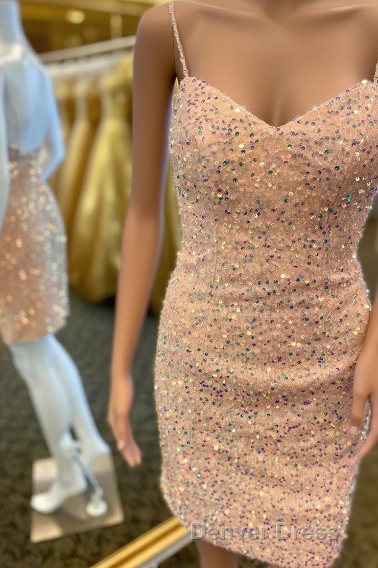 Pink Sequin Bodycon Homecoming Dresses with Straps Main image