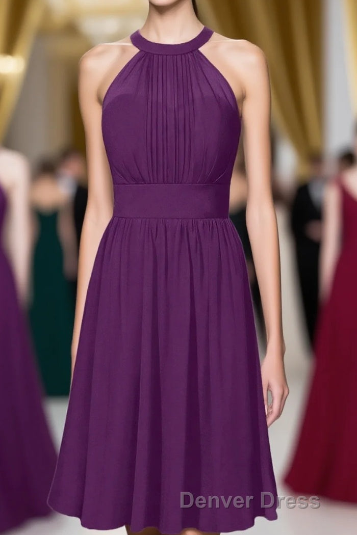 Scoop Purple Chiffon A Line Short Bridesmaid Dresses