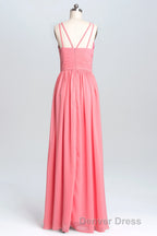 Coral Double Straps Pleated A-line Bridesmaid Dresses
