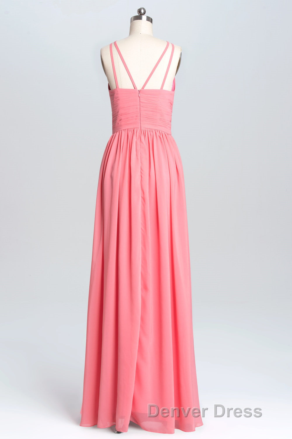 Coral Double Straps Pleated A-line Bridesmaid Dresses