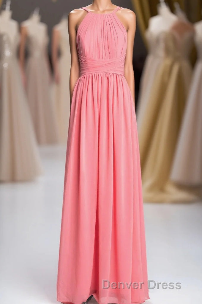 Coral Double Straps Pleated A Line Bridesmaid Dresses