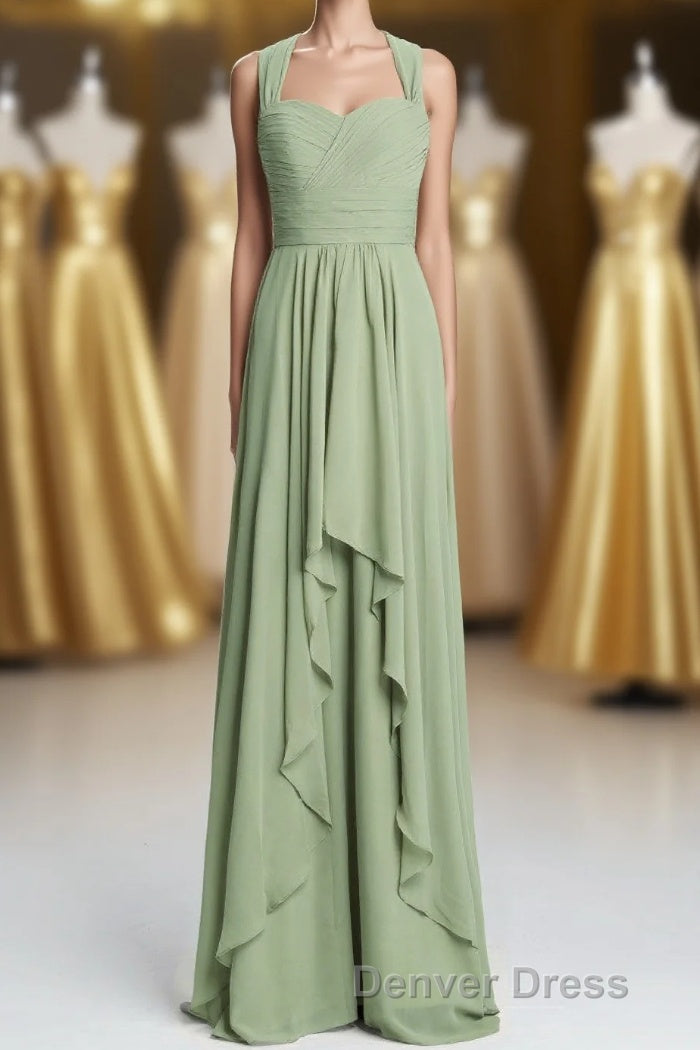 Halter Sage Pleated Ruffles Long Bridesmaid Dresses Main image