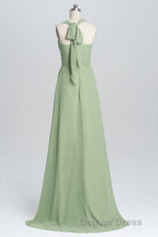 Halter Sage Pleated Ruffles Long Bridesmaid Dresses
