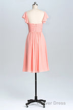 Flutter Sleeves Coral Pleated A Line Short Prom Dresses