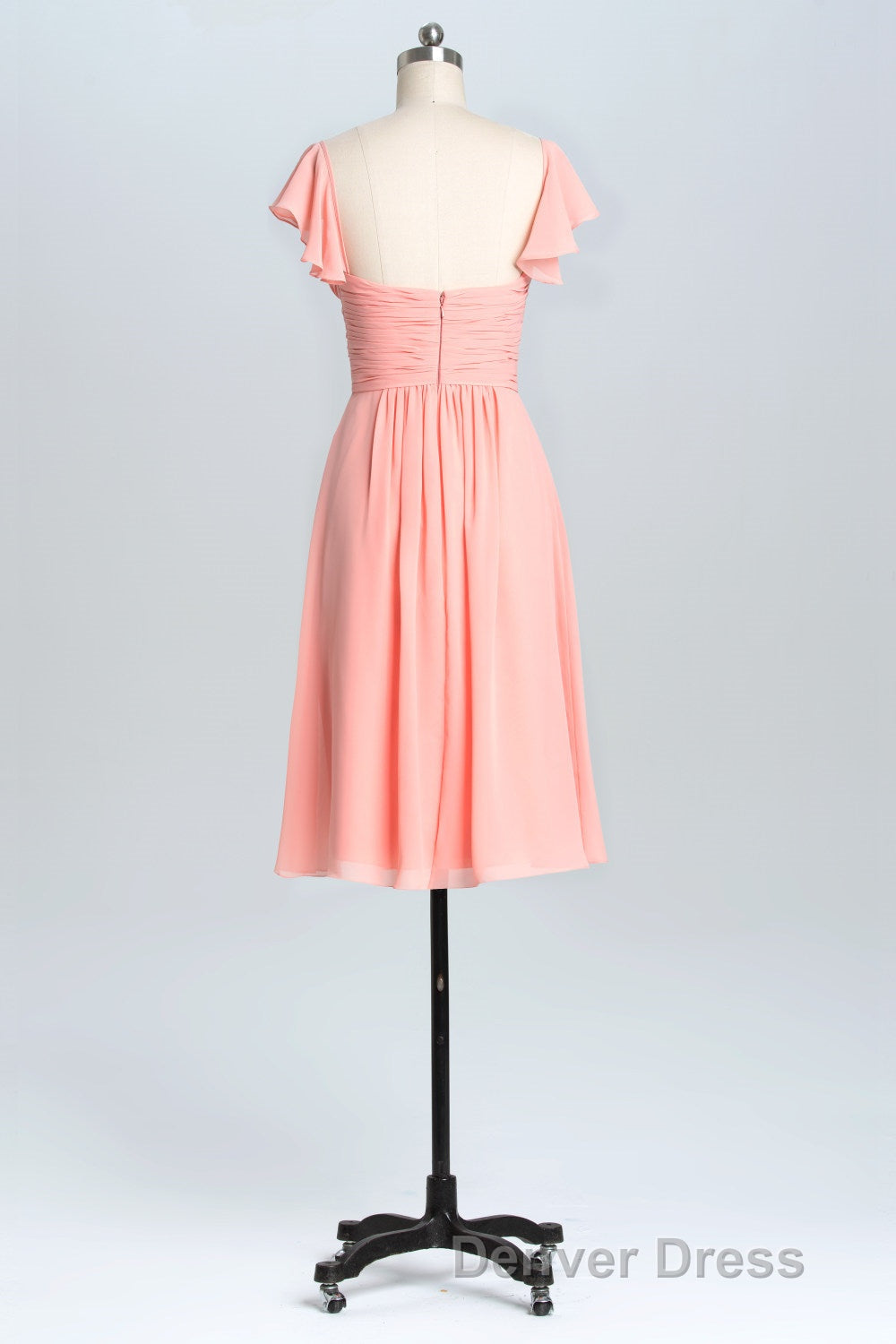 Flutter Sleeves Coral Pleated A Line Short Prom Dresses