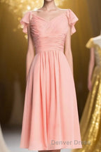Flutter Sleeves Coral Pleated A Line Short Prom Dresses