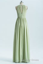 Sage Green Chiffon High Neck Long Bridesmaid Dresses