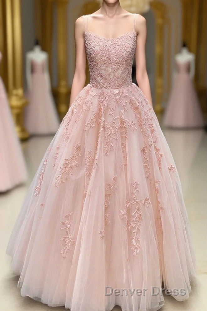Lace Appliques Pink A LineTulle Long Prom Dresses With Straps Main image