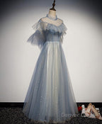 Light Blue Tulle Lace Long Prom Dress, Tulle Prom Dresses