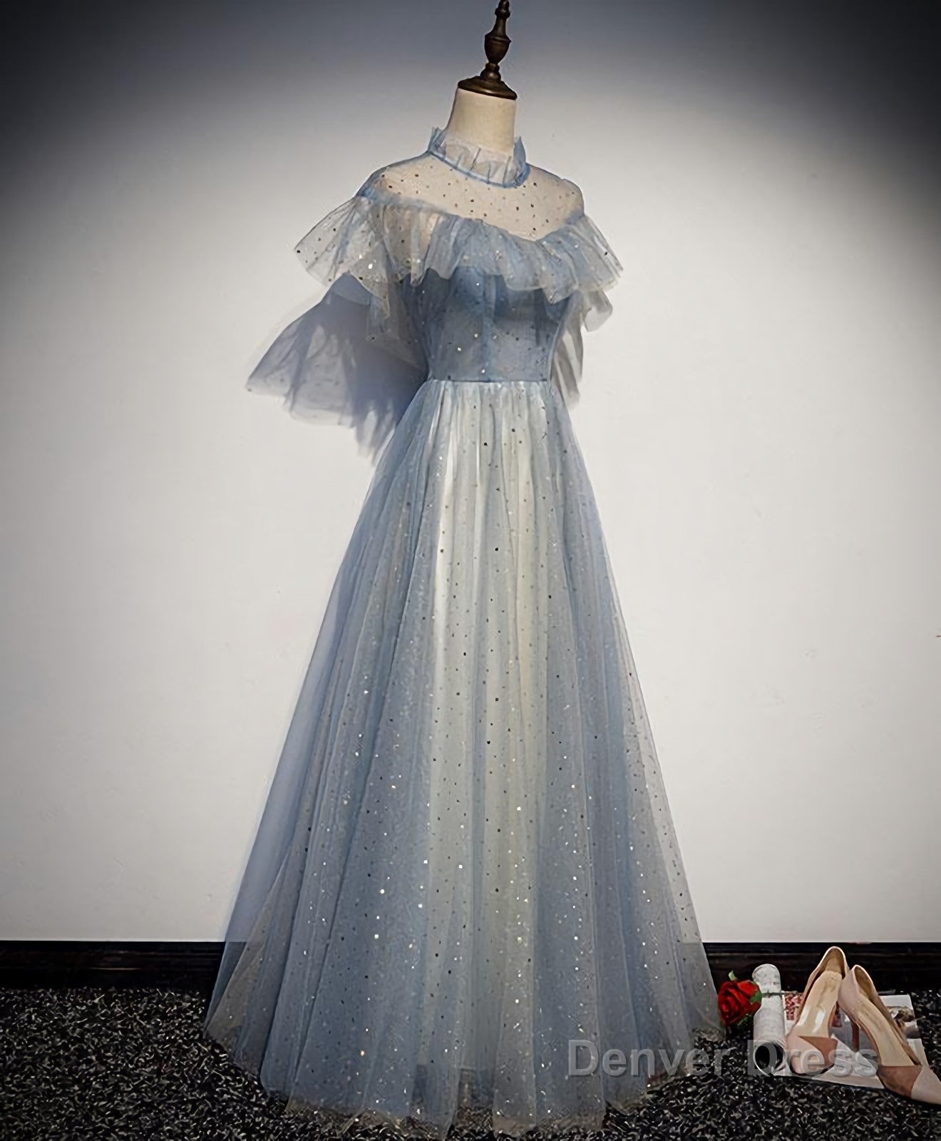 Light Blue Tulle Lace Long Prom Dress, Tulle Prom Dresses