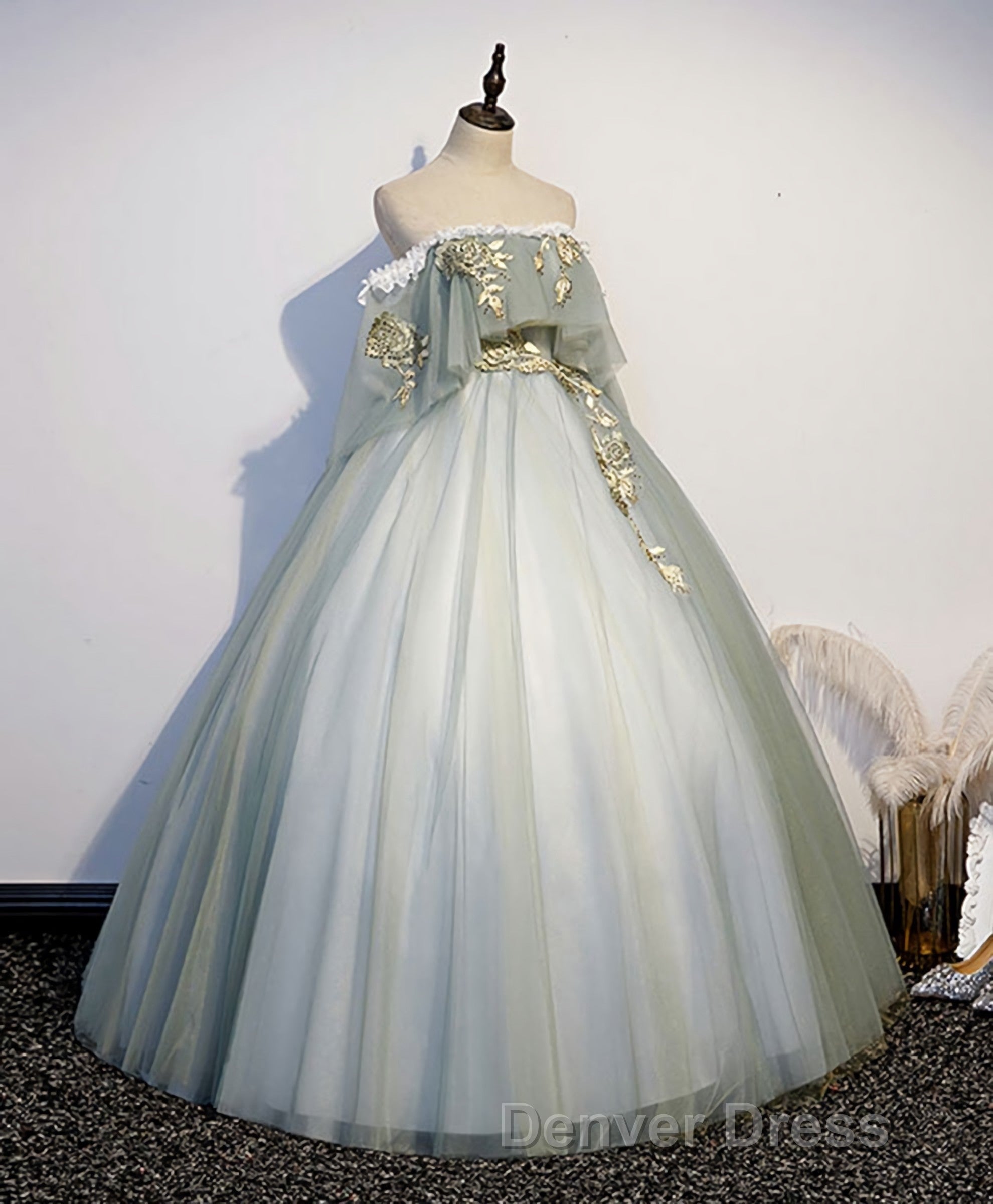 Green Tulle Lace Long Prom Dresses, Green Tulle Sweetheart Dresses