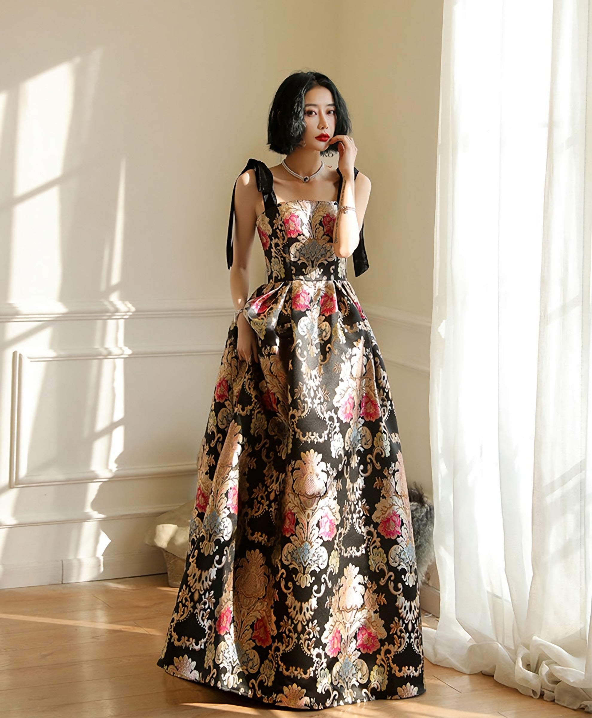 Unique Satin Long Prom Dress Flowers Satin Long Prom Dresses