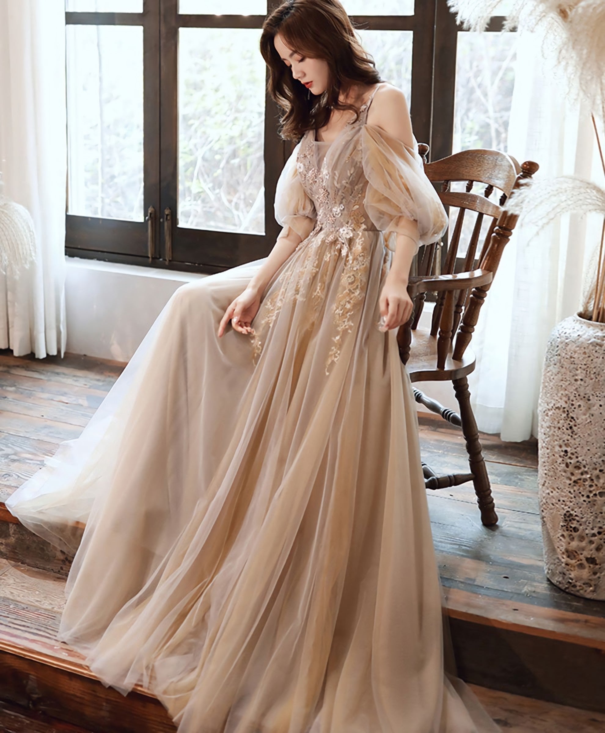 Champagne V Neck Tulle Lace Long Prom Dress Champagne Prom Dresses