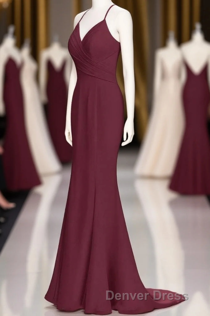 Burgundy Chiffon Spaghetti Straps A Line Long Bridesmaid Dresses
