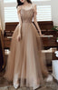 Champagne Sweetheart Tulle Sequin Long Prom Dresses