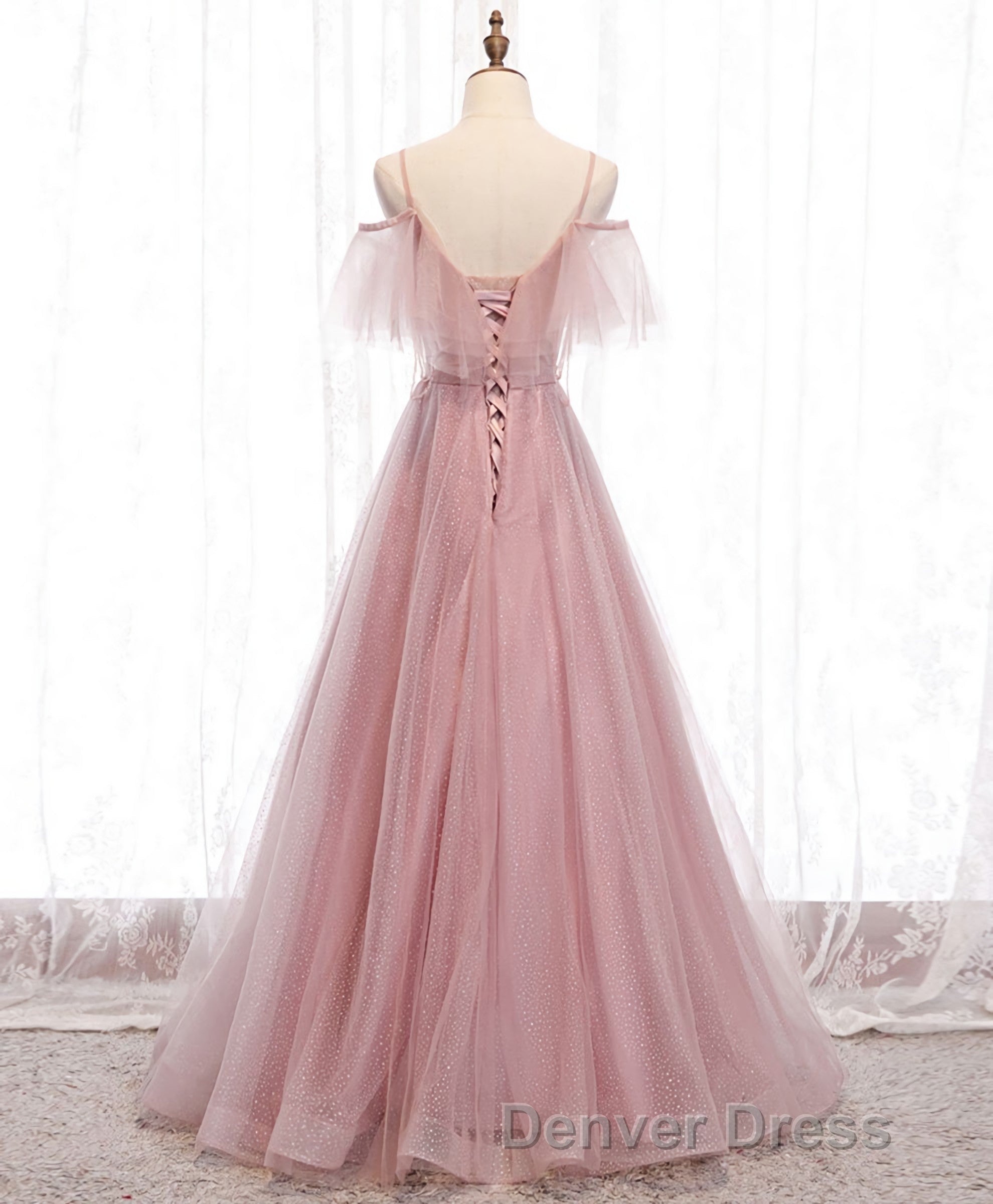 Pink Sweetheart Tulle Long Prom Dress, Pink Tulle Prom Dresses, 1