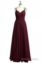 Burgundy Chiffon Spaghetti Straps A-line Long Bridesmaid Dresses