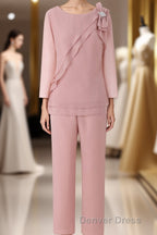 Pink Ruffles 3 4 Sleeves Mother of the Bride Pant Suits