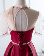 Red A Line Round Neck Prom Dresses with Beading