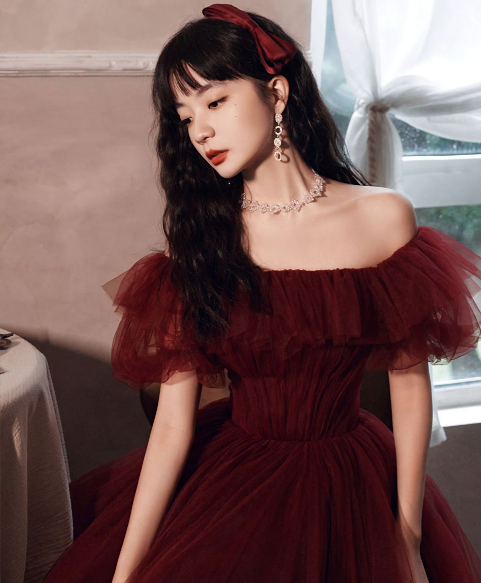 Simple Burgundy Off Shoulder Tulle Long Prom Dress Burgundy Prom Dresses