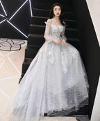Gray Tulle Lace Long Prom Dress Gray Tulle Prom Dresses 3