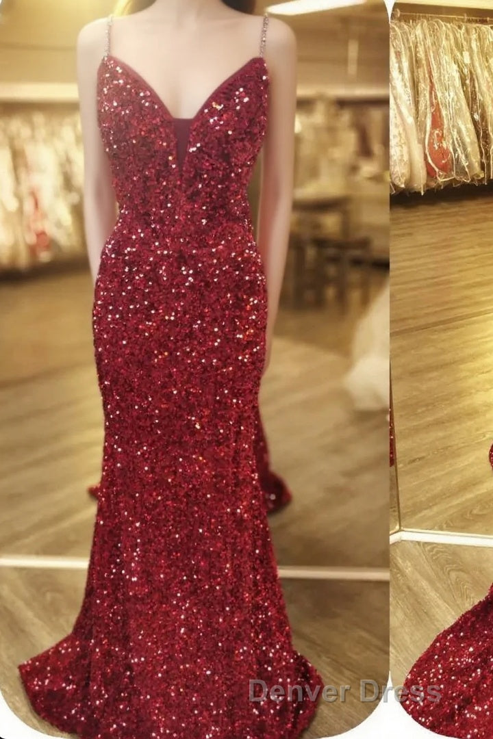 Mermaid Red Sequin V Neck Lace Up Back Prom Dresses