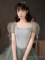 Gray Green Tulle Long Prom Dress Green Tulle Prom Dresses