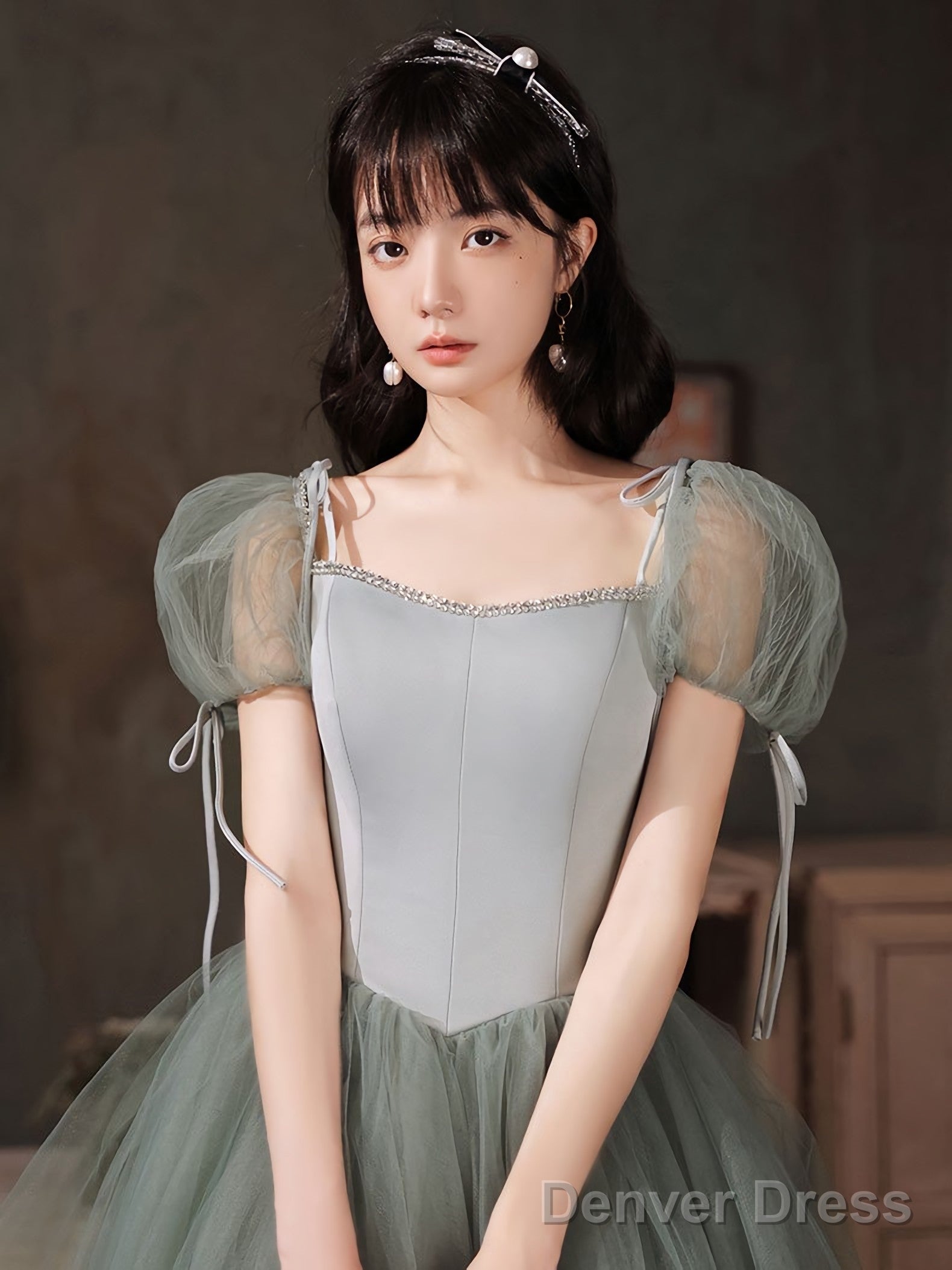 Gray Green Tulle Long Prom Dress Green Tulle Prom Dresses