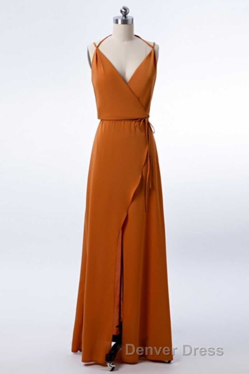 Burnt Orange Spaghetti Straps Long Bridesmaid Dresses with Slit Secondary image