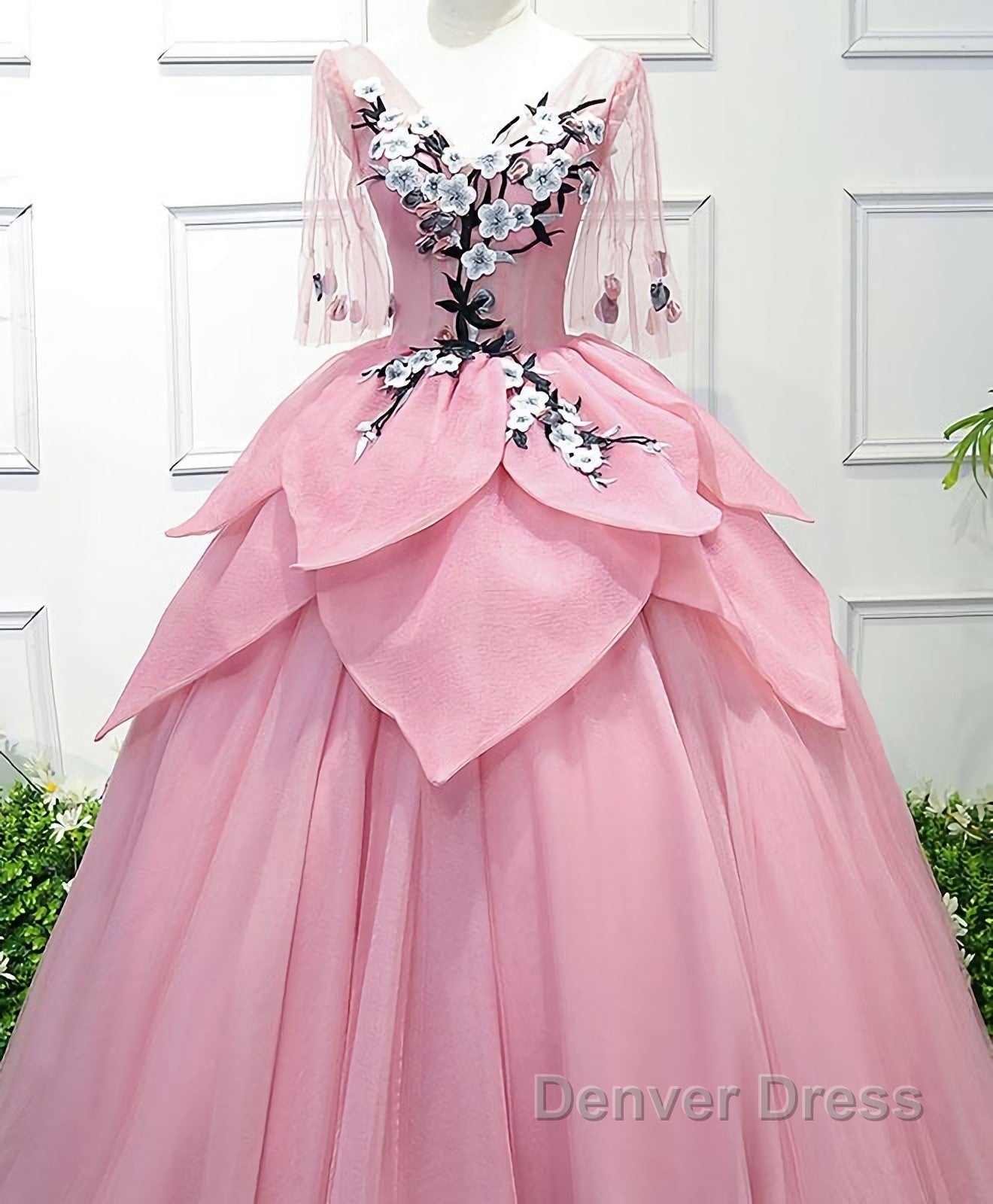 Pink V Neck Tulle Lace Applique Long Prom Dress, Pink Prom Dresses, 1