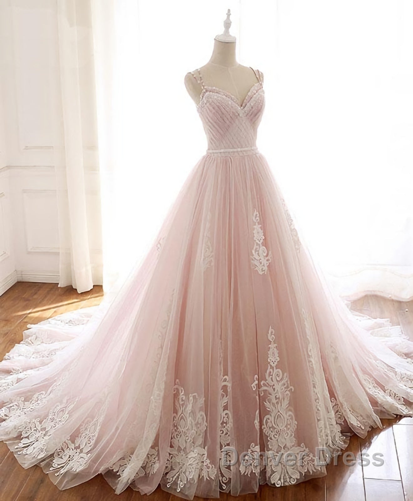 Pink Sweetheart Lace Tulle Long Prom Dress, Lace Pink Prom Dresses